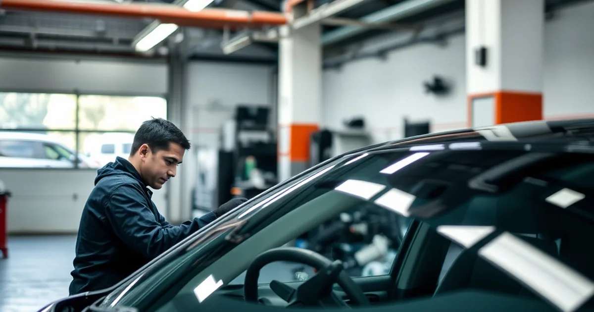 Technicien remplaçant un pare-brise en atelier